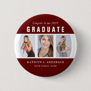 Dark Red and White Graduation Photo Collage Custom 6 Cm Round Badge
