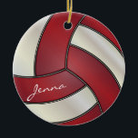 Dark Red and White Personalise Volleyball Ceramic Tree Decoration<br><div class="desc">Volleyball Christmas Holiday Ornament ready for you to personalise. ⭐This Product is 100% Customisable. *****Click on CUSTOMIZE BUTTON to add, delete, move, resize, changed around, rotate, etc... any of the graphics or text. 99% of my designs in my store are done in layers. This makes it easy for you to...</div>