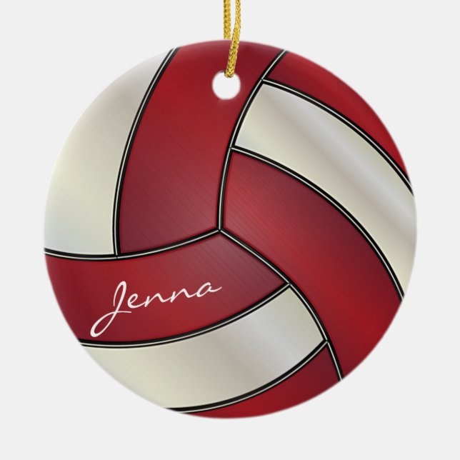 Dark Red and White Personalise Volleyball Ceramic Tree Decoration (Front)