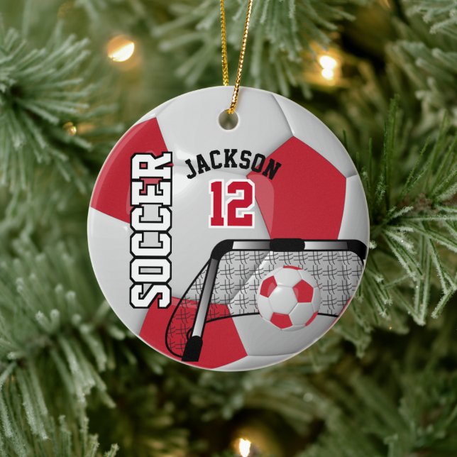 Dark Red and White Soccer Ball Ceramic Tree Decoration (Tree)