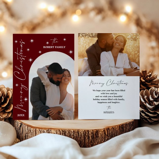 DARK Red Arch Modern Script 2 Photo  Christmas  Holiday Card (Creator Uploaded)