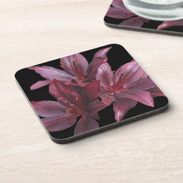 Dark Red Asiatic Lilies on Black Floral Coaster (Left Side)
