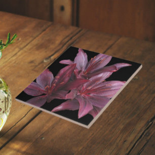 Dark Red Asiatic Lilies on Black Floral Tile