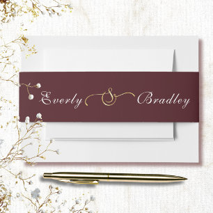 Dark Red Background White Script Gold Ampersand  Invitation Belly Band