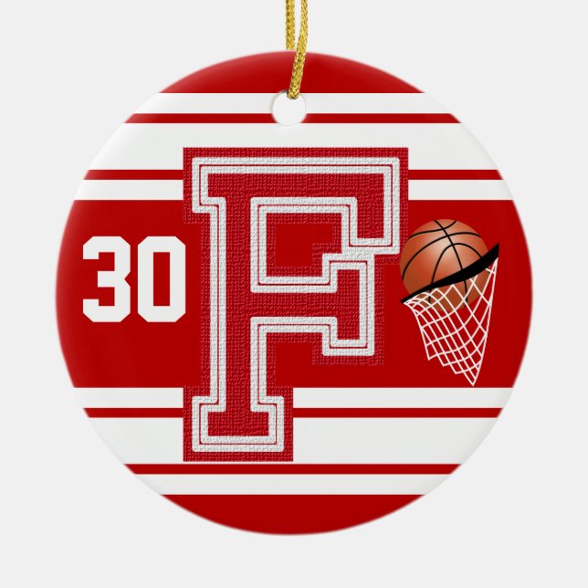 Dark Red Basketball - School Letters - F Ceramic Tree Decoration (Front)