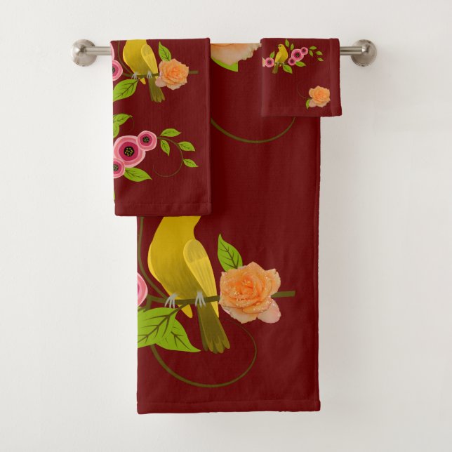 DarK Red -  Bird & Yellow Rose Bath Towel Set (Insitu)