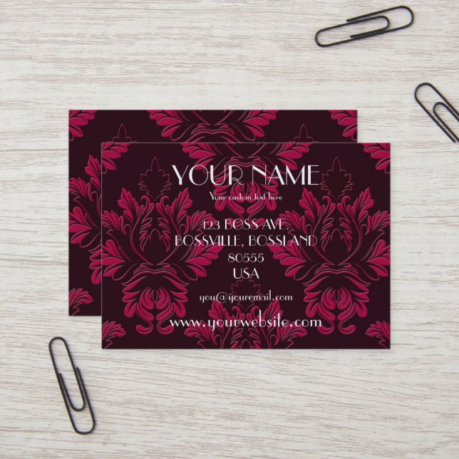 Dark Red & Black Damask Custom Business Card (Front/Back In Situ)