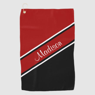 Dark Red Black Diagonal Stripe Script Name Golf Towel