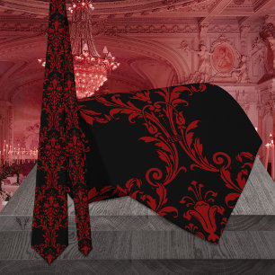 Dark Red Black Floral Damask Wedding Tie