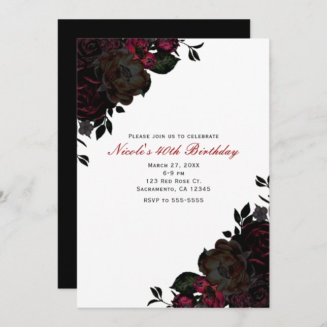 Dark Red & Black Flowers Floral Gothic Invitations (Front/Back)