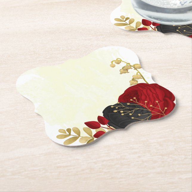  dark red & black flowers gold paper coaster (Angled)