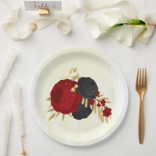  dark red & black flowers gold  paper plate