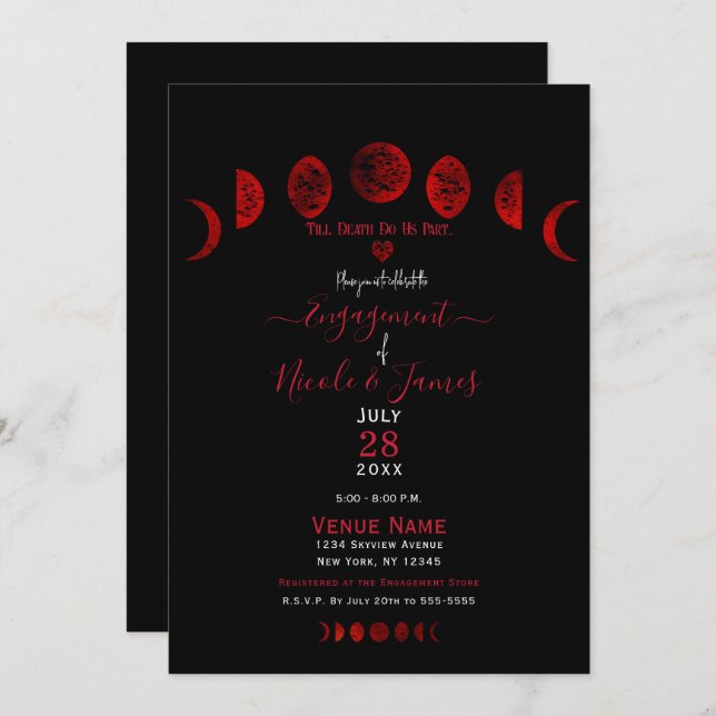 Dark Red Black Moon Phases Gothic Engagement Party Invitation (Front/Back)
