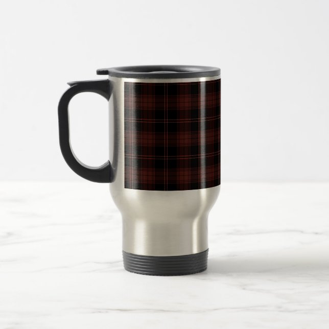 Dark Red, Black Plaid (Tartan) Pattern Travel Mug (Left)