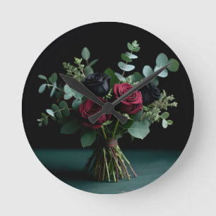 Dark Red Black Rose Bouquet Elegance Round Clock