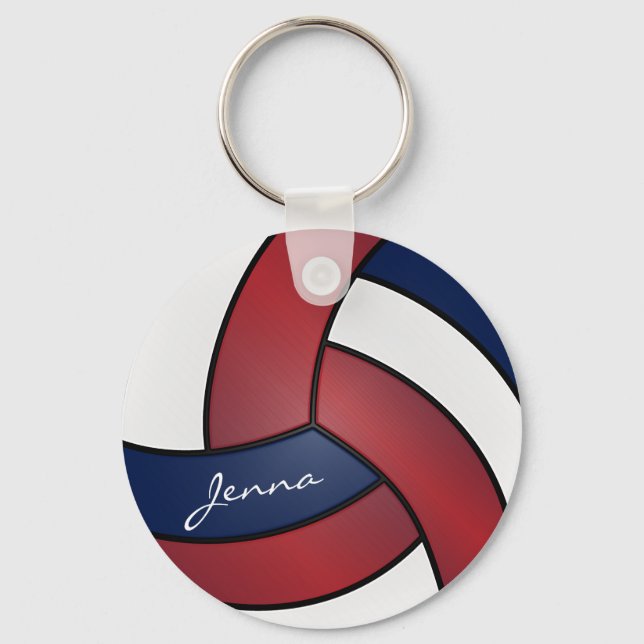 Dark Red, Blue and White Volleyball Key Ring (Front)