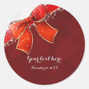 Dark Red Bow & Sparkles Holiday Christmas Favour Classic Round Sticker