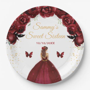 Dark Red Brown Hair Princess Sweet Sixteen Paper Plate