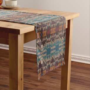 Dark Red Brown Teal Blue Rust Orange Tribal Art Short Table Runner