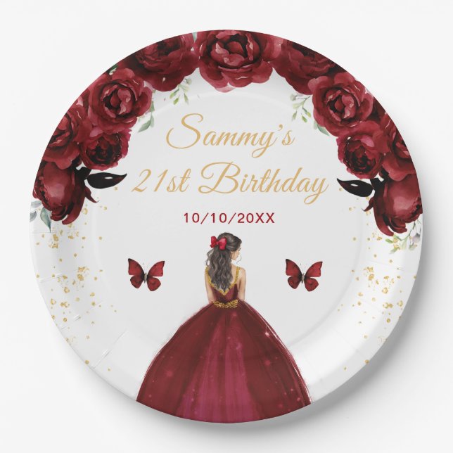 Dark Red Brunette Hair Princess Birthday Party Paper Plate (Front)