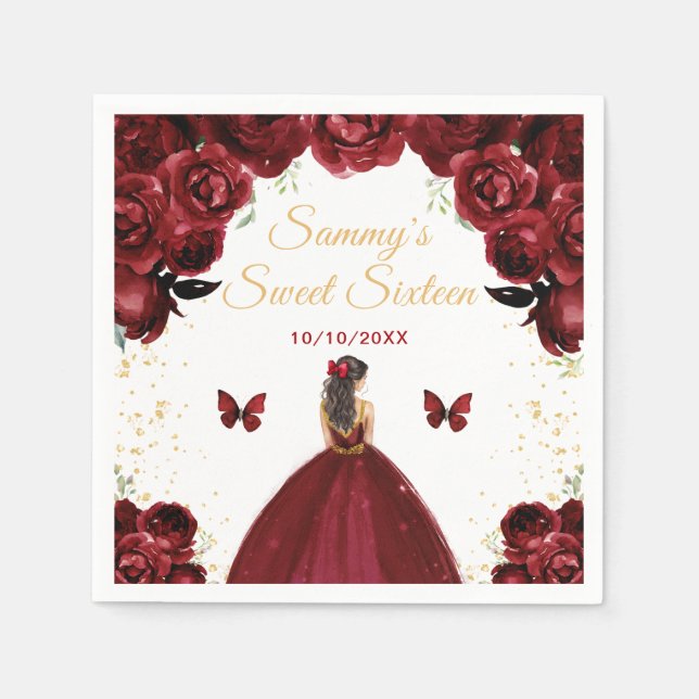 Dark Red Brunette Hair Princess Sweet Sixteen Napkin (Front)