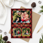 Dark Red Buffalo Plaid Christmas Photo Collage<br><div class="desc">Modern and festive plaid photo holiday card features a collage of 3 photos framed by a border and accents of real gold foil and hand painted watercolor dark red and black buffalo plaid check patterned background. Personalise the custom "Merriest Christmas" text with your preferred wording, family name, and the year....</div>