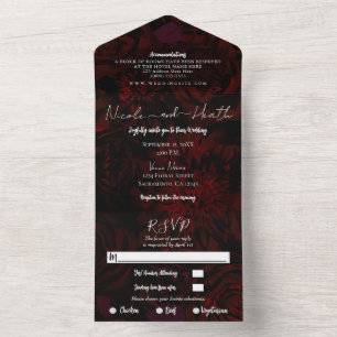 Dark Red Burgundy Floral Wedding Photo All In One Invitation