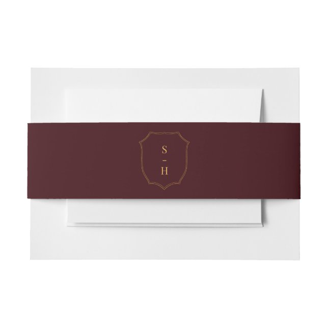 Dark Red Burgundy & Gold Crest Monogram Wedding Invitation Belly Band (Front Example)