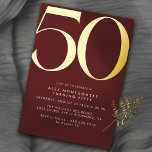 Dark Red Burgundy   Gold | Elegant 50th Birthday<br><div class="desc">Modern 50th birthday invitations with a large heading "50" in real metallic foil. Your event details are printed below in matte white font. Gold on a dark red background.</div>