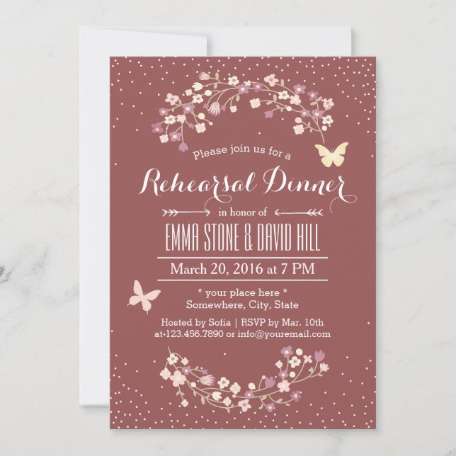 Dark Red Butterfly & Flowers Rehearsal Dinner Invitation (Front)