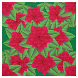 Dark Red Camellias and Green Leaves Fabric