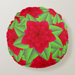 Dark Red Camellias and Green Leaves Round Cushion
