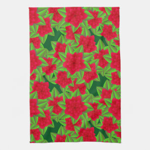 Dark Red Camellias and Green Leaves Tea Towel