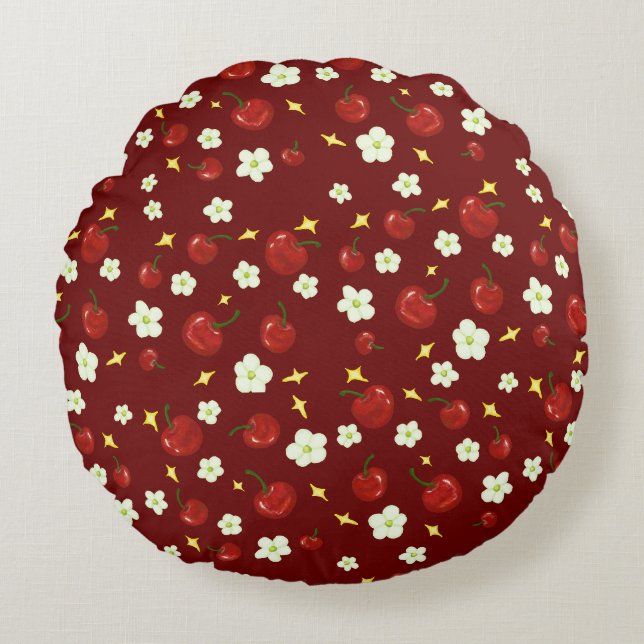 Dark Red Cherry Pattern  Round Cushion (Front)