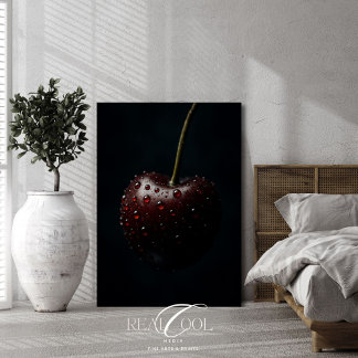 Dark Red Cherry with Dew Drops on Black Canvas Print