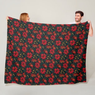 Dark Red Christmas Floral Pattern Fleece Blanket