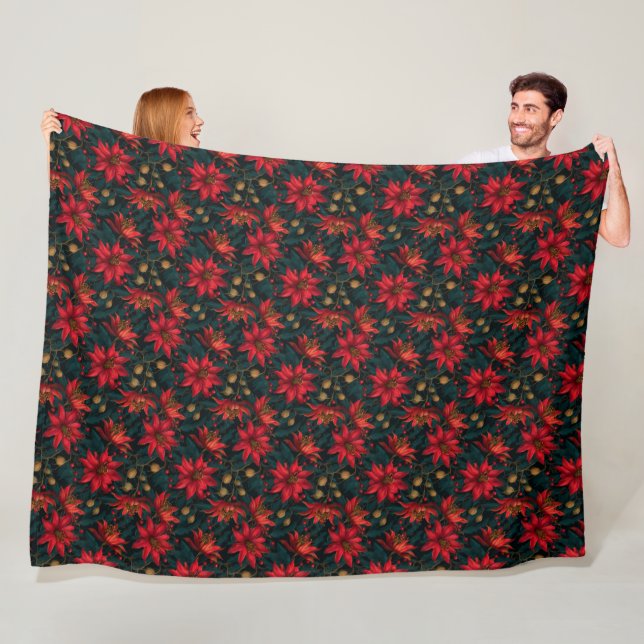 Dark Red Christmas Floral Pattern Fleece Blanket (In Situ)
