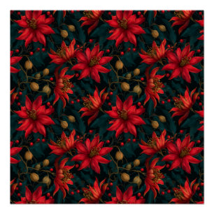 Dark Red Christmas Floral Pattern Poster