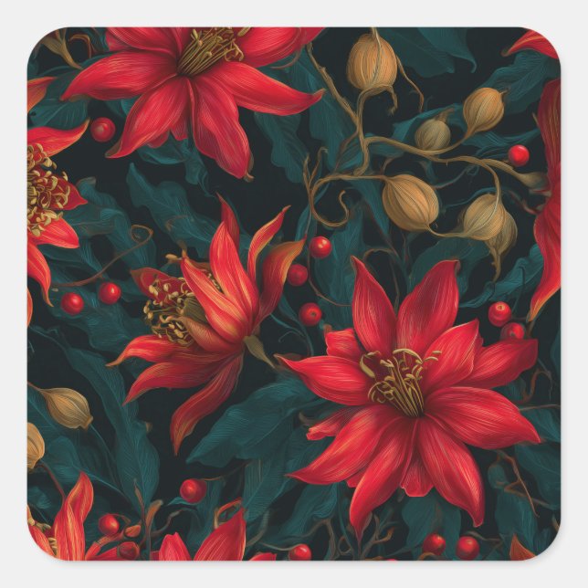 Dark Red Christmas Floral Pattern Square Sticker (Front)