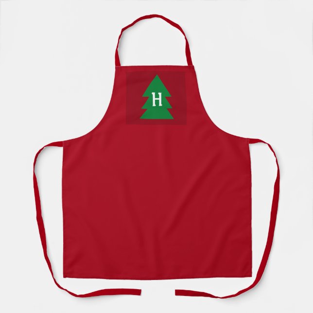 Dark Red Christmas Tree Custom Initial Elegant Apron (Front)