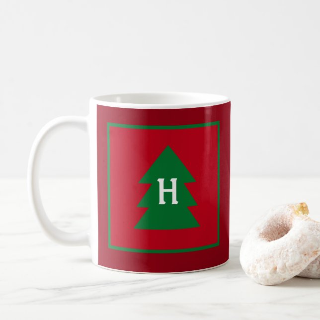 Dark Red Christmas Tree Custom Initial Elegant Coffee Mug (With Donut)
