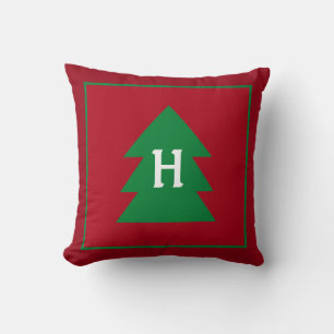 Dark Red Christmas Tree Custom Initial Elegant Cushion