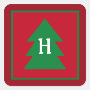 Dark Red Christmas Tree Custom Initial Elegant Square Sticker