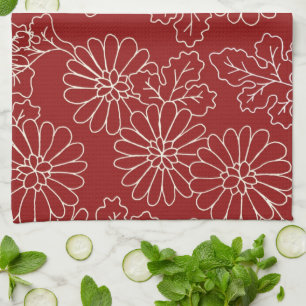 Dark Red Cream Floral Kitchen Cloth Towel
