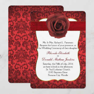 Dark Red Damask with Rose Wedding Invitation