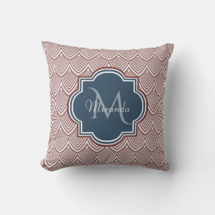 Dark Red Deco Scallops Navy Blue Monogram Name Cushion