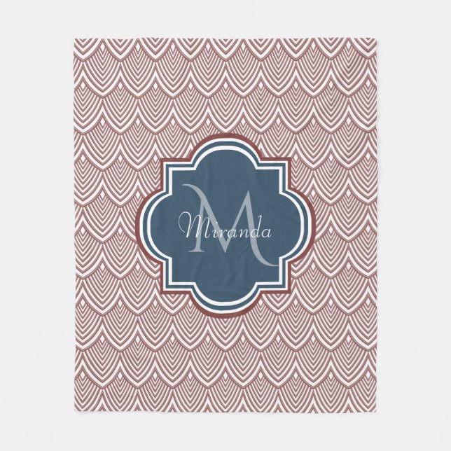 Dark Red Deco Scallops Navy Blue Monogram Name Fleece Blanket (Front)
