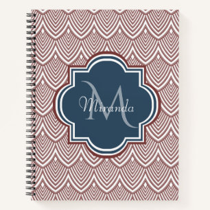 Dark Red Deco Scallops Navy Blue Monogram Name Notebook