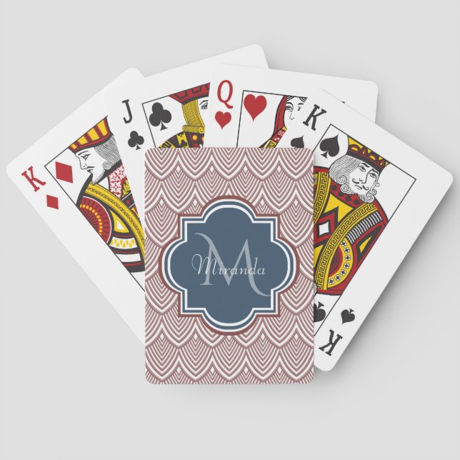 Dark Red Deco Scallops Navy Blue Monogram Name Playing Cards (Back)