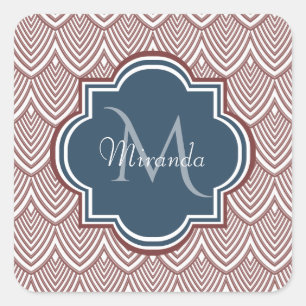 Dark Red Deco Scallops Navy Blue Monogram Name Square Sticker